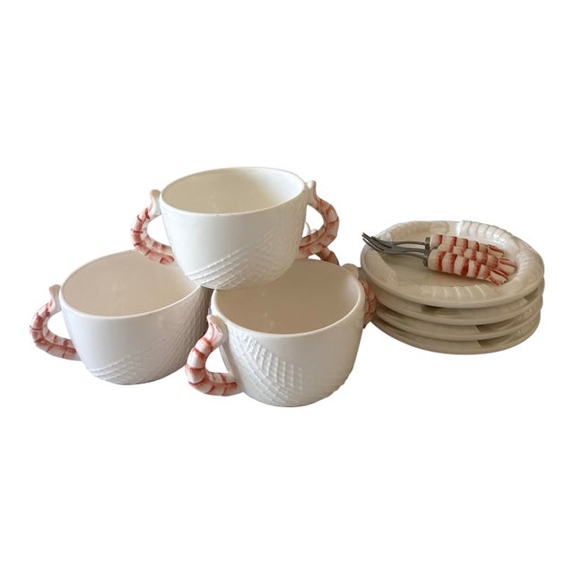 Set of 4 Vintage Coastal Shafford "Sea Fare" Shrimp Tail Bowls, Small Plates and Forks For Sale