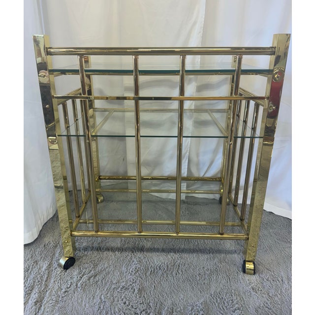 1980s Milo Baughman Style Brass & Glass Bar Cart For Sale - Image 9 of 9