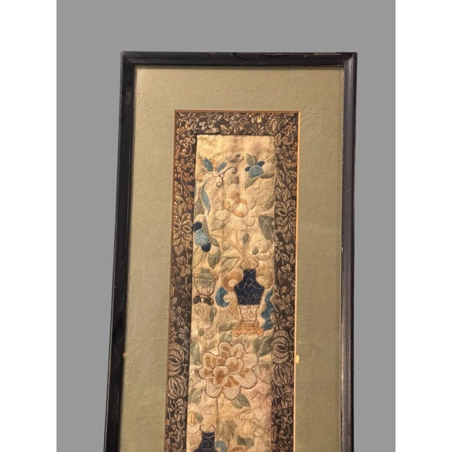 Antique Chinese Framed Silk Embroidery Panel with Flowers Vases & Butterflies In good original condition showing some...