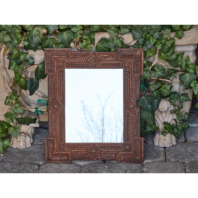 Early 20th Century Petite French Tramp Art Mirror with Carved Geometric Frame, circa 1900 For Sale - Image 5 of 12