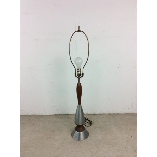 Mid Century Modern Chrome and Walnut Table Lamp With Barrel Shade For Sale - Image 4 of 12