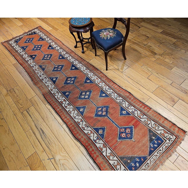 19th Century Persian Kurdish Runner Rug, Hand-Knotted Wool, Geometric Medallion Pattern, Terracotta & Navy, 3x12 For Sale - Image 4 of 16