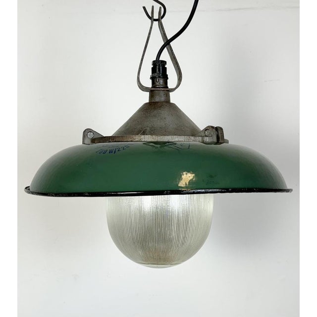 Glass Industrial Green Enamel Factory Pendant Lamp in Cast Iron, 1960s For Sale - Image 7 of 16
