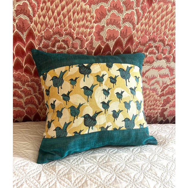 Teal 20” X 20” LuLu Dk Linen Bird Print in Teal and Yellow Pillow Covers - a Pair For Sale - Image 8 of 9