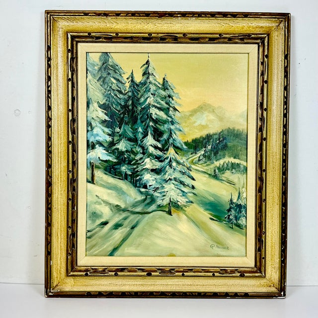 1970s Vintage Impressionist Landscape Snow Covered Trees Folk Art Original Oil Painting, Artist Signed For Sale - Image 4 of 12