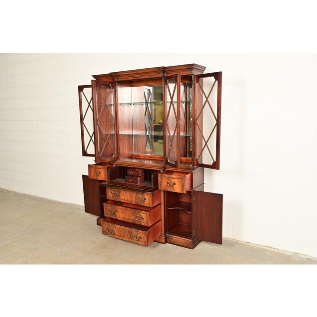 Baker Furniture Style Regency Flame Mahogany Lighted Breakfront Bookcase Cabinet With Drop Front Secretary Desk, Circa 1940s For Sale In South Bend - Image 6 of 16