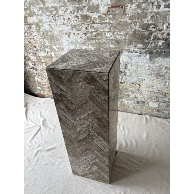 Gray Stone Herringbone Pedestal With Sculptural Geometric Inlay For Sale - Image 4 of 9