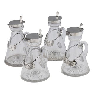 Antique 20th Century English Silver & Cut Glass Whisky Decanters, 1924, Set of 4 For Sale