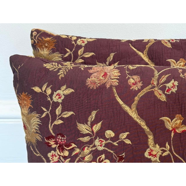 Chinoiserie Vintage Jacquard Brocade Pillow Pair in Eggplant and Burnt Orange For Sale - Image 3 of 8