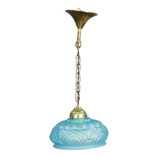 Antique Pendant Light With Blue Glass Shade Ca. 1920 For Sale