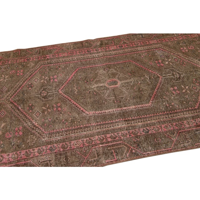 Vintage Distressed Geometric Brown Wool Rug For Sale In New York - Image 6 of 7