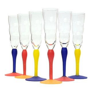 Postmodern Memphis Style Tall Glass Champagne Flutes Attributed to Kosta Boda Circa 1980s - Set of 6 For Sale