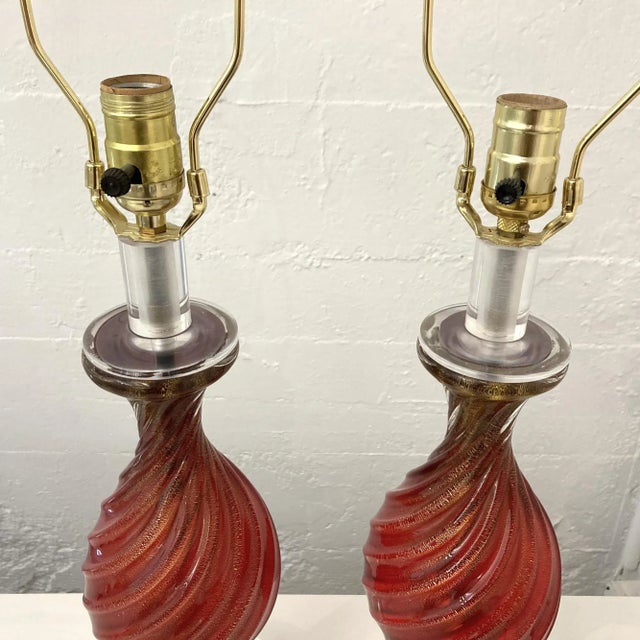 Mid 20th Century Red Italian Murano Glass Table Lamps - Set of 2 For Sale In San Francisco - Image 6 of 11