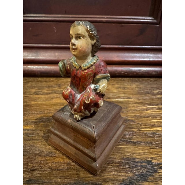 Figurative 18th Century Polychromed Wooden Santos Sculpture- Christ Child Holding a Sparrow- On Stand For Sale - Image 3 of 10