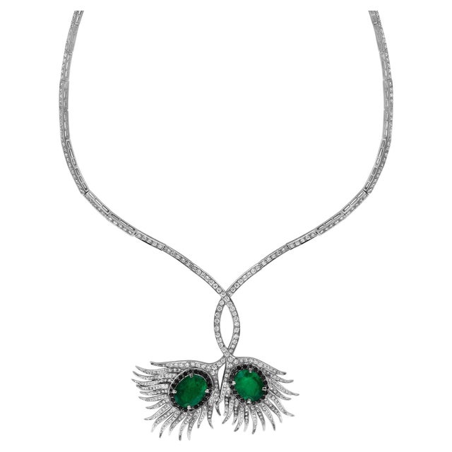 GIA certified 20 ct Zambian Emerald &amp; 15 ct Diamond Necklace and Earring Bridal Suite 18KW Gold This 20 Ct Zambian...