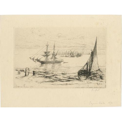 A brig at anchor – thames, haden, 1870, british etching revival a beautifully atmospheric etching and drypoint titled a...