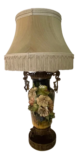 19th C. Over-Scale Lamp W/3-Dimensional Floral Details & Orientalist Bronze Mounts