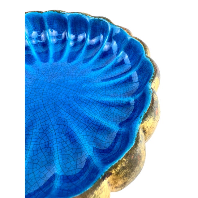 Ceramic Vintage Italian Blue Crackle Glaze & Gilt Scalloped Ceramic Bowl For Sale - Image 7 of 11