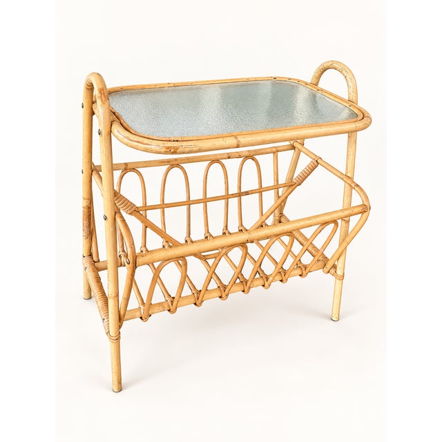 Wood Vintage Scandinavian Rattan Side Table with Magazine Rack and Glass Top, 1960s For Sale - Image 7 of 10