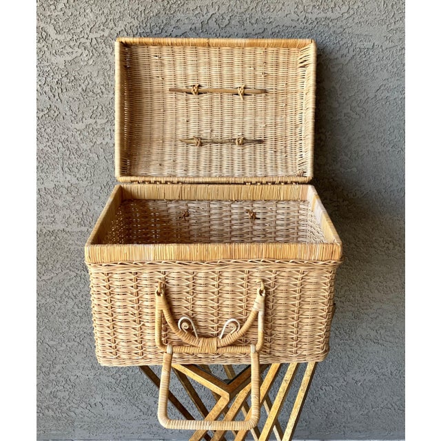 Circa 1970 Coastal Chic Nicely-Sized Decorative Rattan Sewing Basket With Folding Latch Handles For Sale - Image 9 of 15