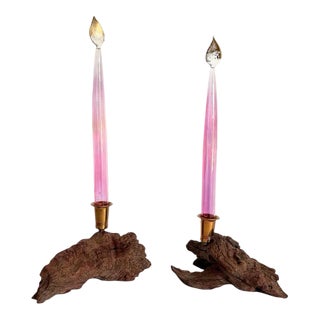 Burl Wood Candle Holders & Murano Glass Candles - 4 Pieces For Sale