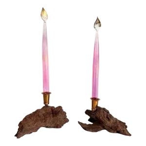 Burl Wood Candle Holders & Murano Glass Candles - 4 Pieces
