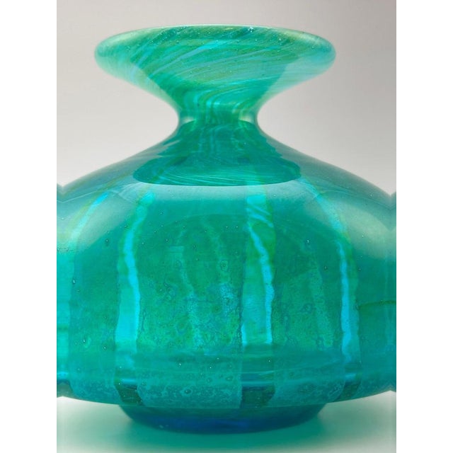 Turquoise and Green Striped Glass Squat Bottle Vase from Mdina, Malta, 1970s For Sale - Image 4 of 10