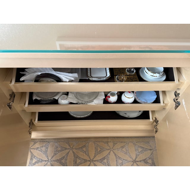 Pair of Contemporary Champagne Lacquered Buffets With Faceted Doors and Tempered Glass Tops For Sale In New York - Image 6 of 9