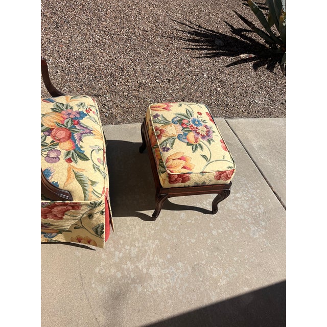 Art Deco Vintage Antoinette Tropical Floral Lounge / Library Chair With Ottoman For Sale - Image 3 of 11