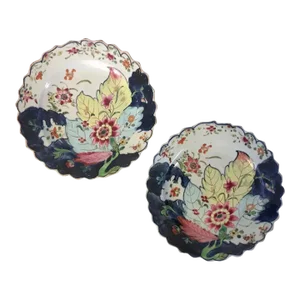 Antique 18th Century Chinese Export Famille Rose Porcelain Tobacco Leaf Plates - A Pair