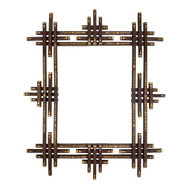 Antique 1900s Large Geometric Decorated Folk Art Wood Picture Frame - Adirondack Eastlake Style W/ Gold Painted Arrow Motif - 24.5" X 23.75" For Sale