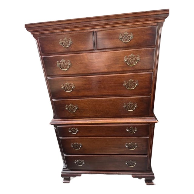 Vintage Kling Chippendale-Style Mahogany High Chest-8 Drawers With Brass Hardware For Sale