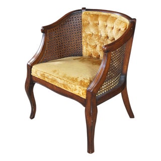 Mid 20th Century French Walnut Caned Tufted Velvet Barrel Back Bergere Club Lounge Armchair For Sale