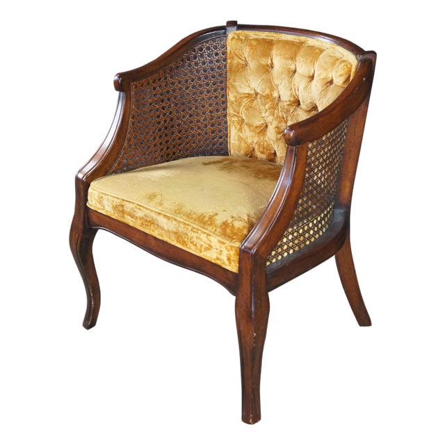 Mid 20th Century French Walnut Caned Tufted Velvet Barrel Back Bergere Club Lounge Armchair For Sale
