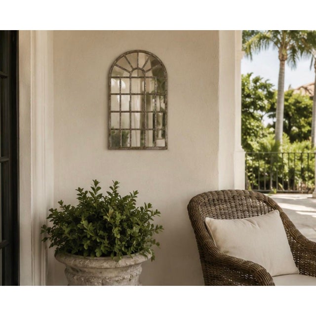 Gray Vintage Arched Iron Windowpane Wall Mirror – White-Washed Gray For Sale - Image 8 of 12
