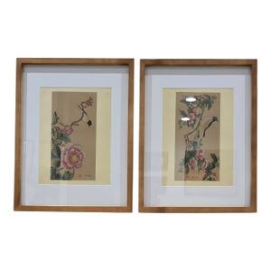 Chinese Silk Scroll Prints – "Peonies and Songbirds" (Zhanjiang, Guangdong, China) - Pair