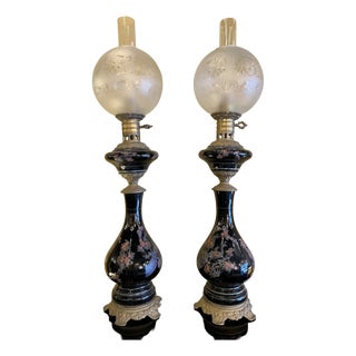 Electrified Oil Lamps with Japanese-Style Decoration, 1930s, Set of 2 For Sale