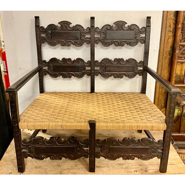 Wood 19th-C. French Ebonized Carved Oak Settee With Rush Seat & Silk Down Cushion For Sale - Image 7 of 9