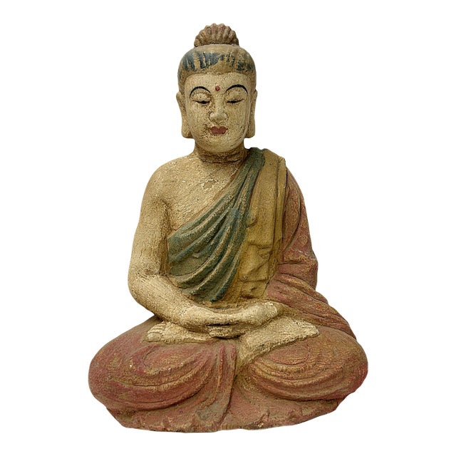 9" Chinese Meditation Cross Legs Sitting Buddha Wood Statue For Sale