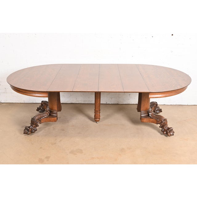 Wood George C. Flint Co. Antique Victorian Oak Split Pedestal Extension Dining Table With Carved Paw Feet, Newly Refinished For Sale - Image 7 of 12