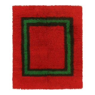 Vintage Tulu Shag Rug in Red With Green Geometric Pattern, From Rug & Kilim For Sale