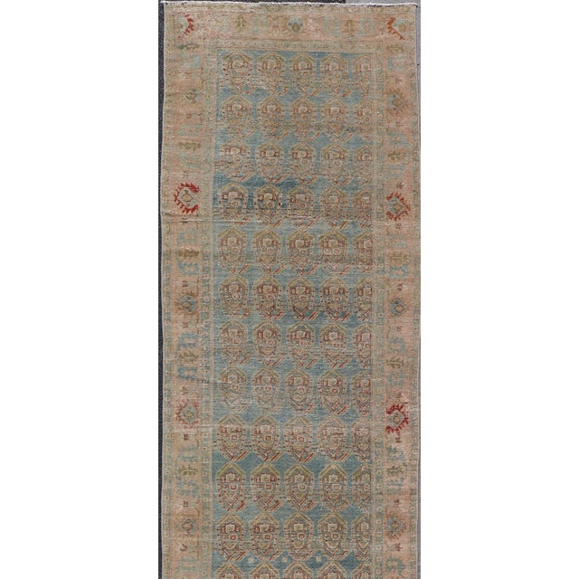 Textile Antique Persian Malayer Runner With Paisley Design in Light Blue Background 3'8 X 16'7 For Sale - Image 7 of 11