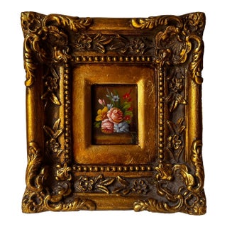 Vintage Hand Painted Wall Art Ornate Gold Frame Floral Painting For Sale