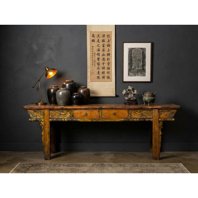 1960s Vintage Chinese Orange Yellow Long Dragon Carving Console Table For Sale - Image 5 of 18