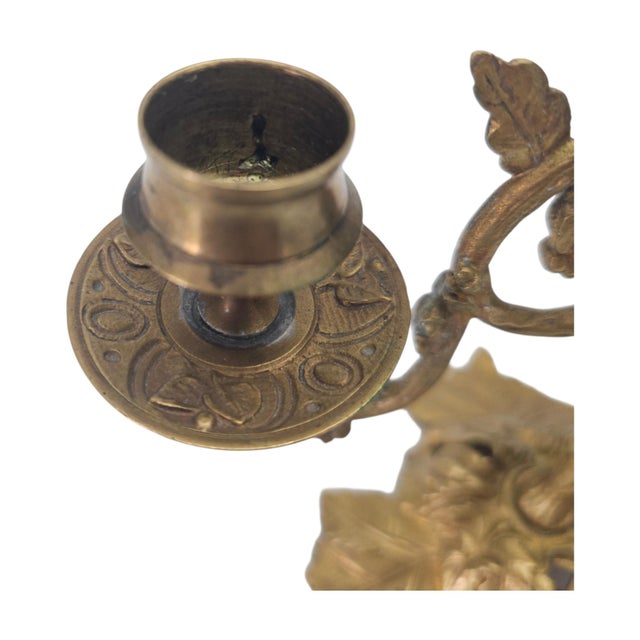 Art Nouveau Gilt Metal Three Light Candelabrum With Leaf and Vine Base 8.5" For Sale - Image 10 of 12