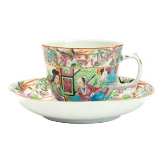 Antique Chinese Export Porcelain Rose Mandarin Tea Cup & Saucer For Sale