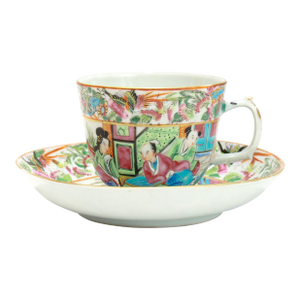 Antique Chinese Export Porcelain Rose Mandarin Tea Cup & Saucer