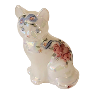 Fenton Cat Hand Painted by Smith, Hearts & Flowers