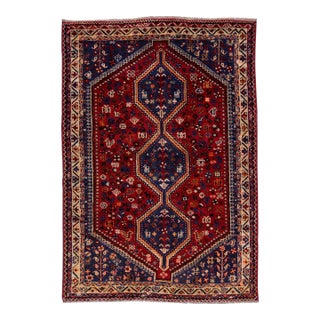 1960s Vintage Persian Shiraz Handmade Navy Blue Medallion Wool Rug For Sale