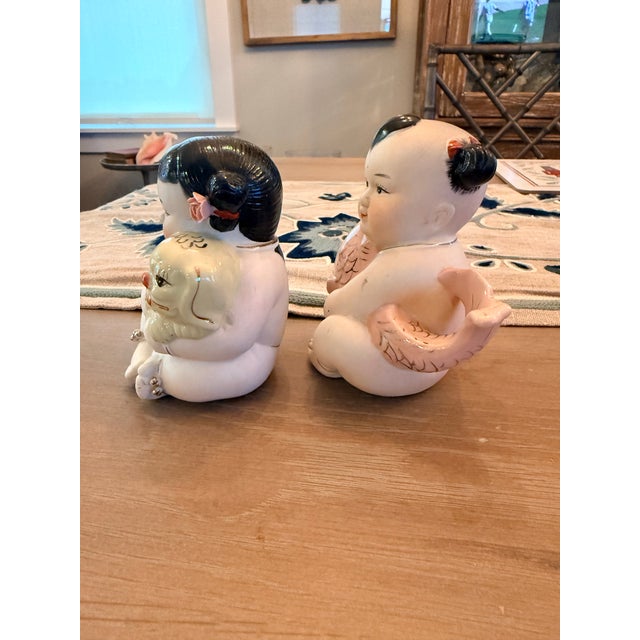 Vintage Chinese Porcelain Figurines of Baby Boy and Baby Girl For Sale - Image 9 of 11